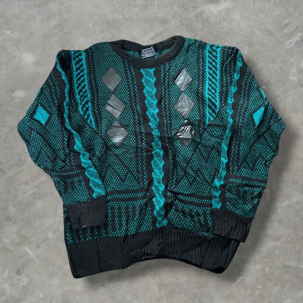 Vintage Barnaby Mens Large Teal Black Geometric Sweater 90s‎ Retro Grunge